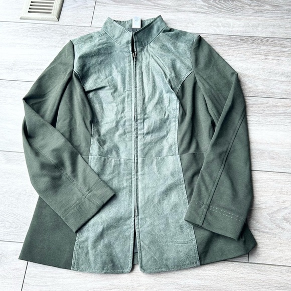 Avon  Olive Green Knit Sleeves Leather Jacket Full Zip - Picture 4 of 16